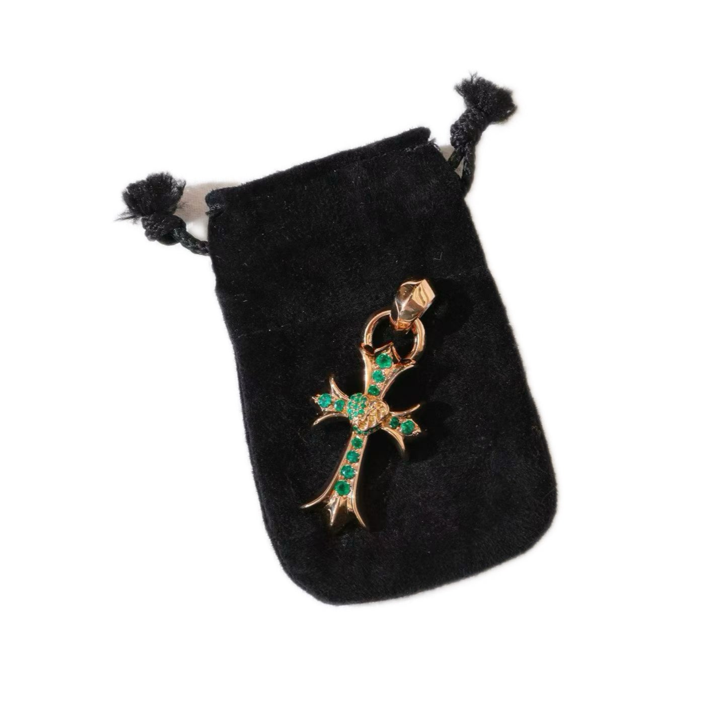 Chrome Hearts 22k Gold Emerald Heart Cross Tiny Cross Pendant