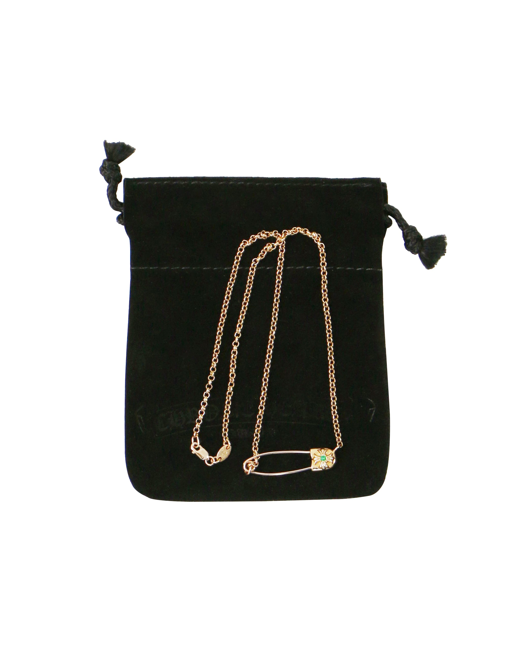 Chrome Hearts 22k Gold Emerald Safety Pin Necklace 16IN