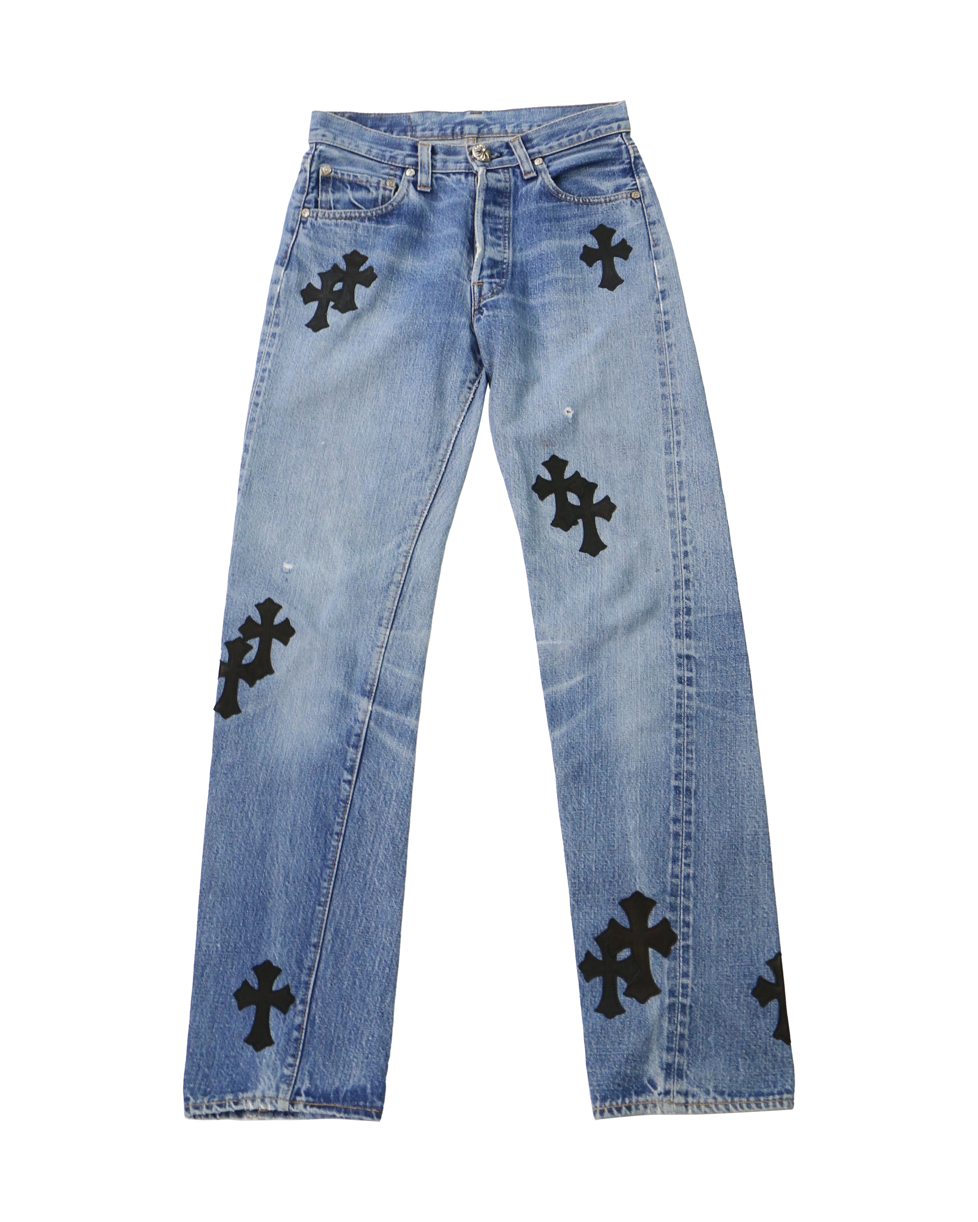 Chrome Hearts Levis 501 Light Blue Black Cross Patches Jeans