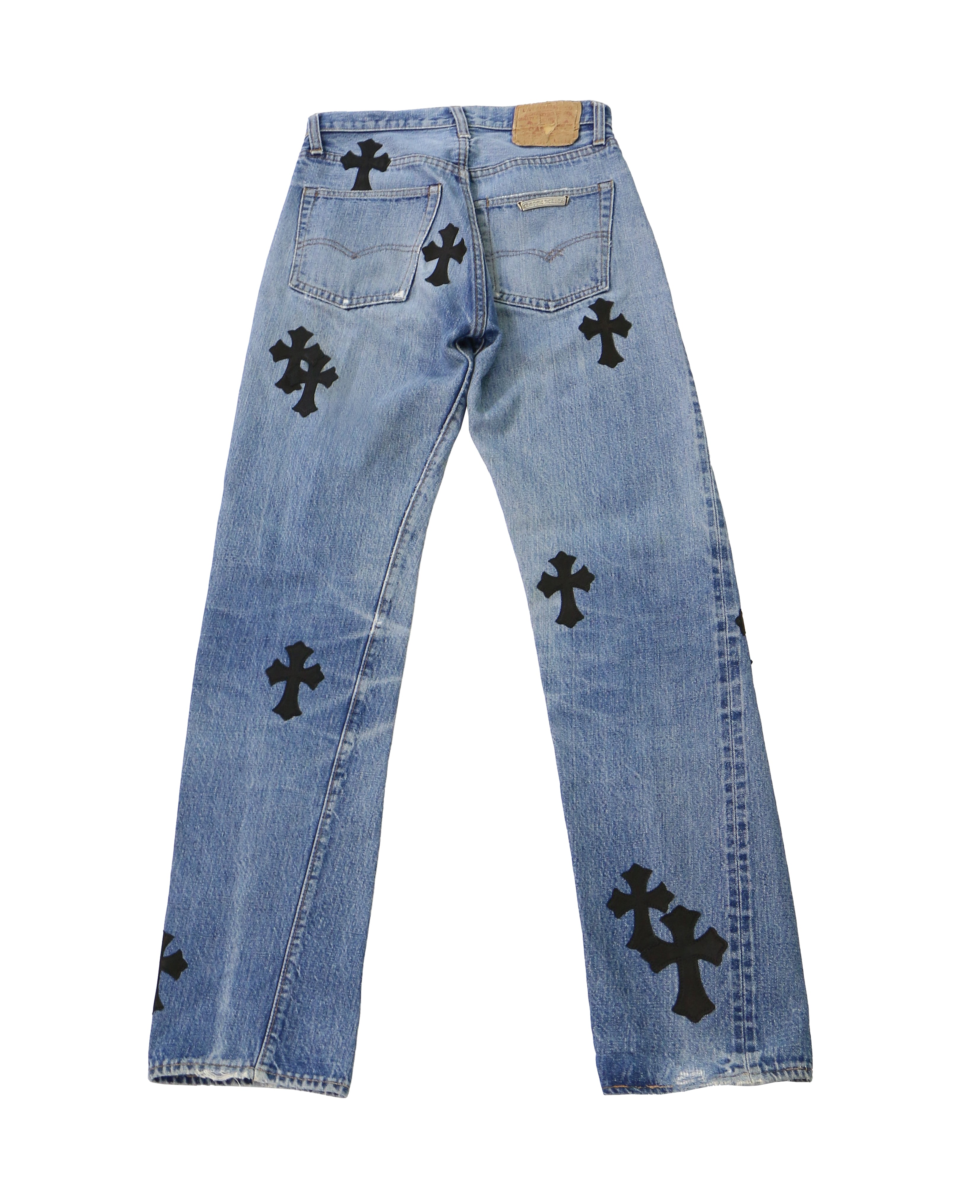 Chrome Hearts Levis 501 Light Blue Black Cross Patches Jeans